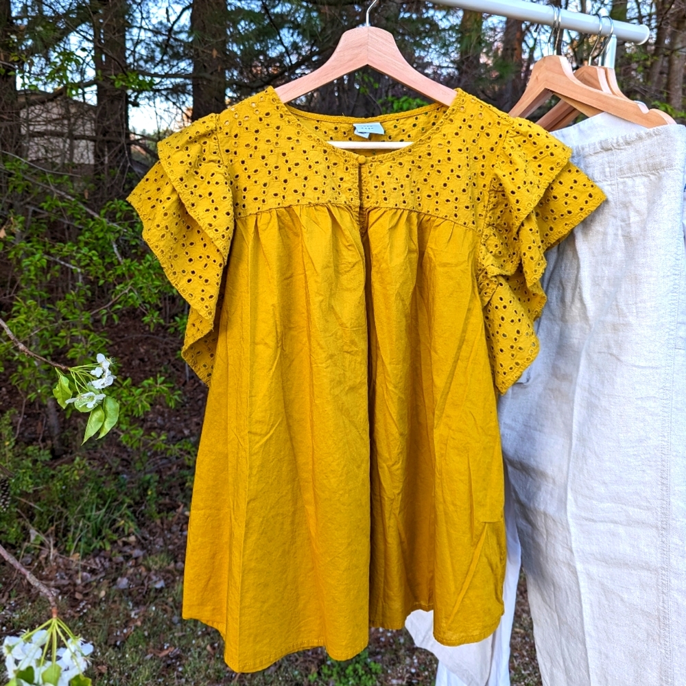 Eyelet Ruffle Sleeve Yellow Spring Top